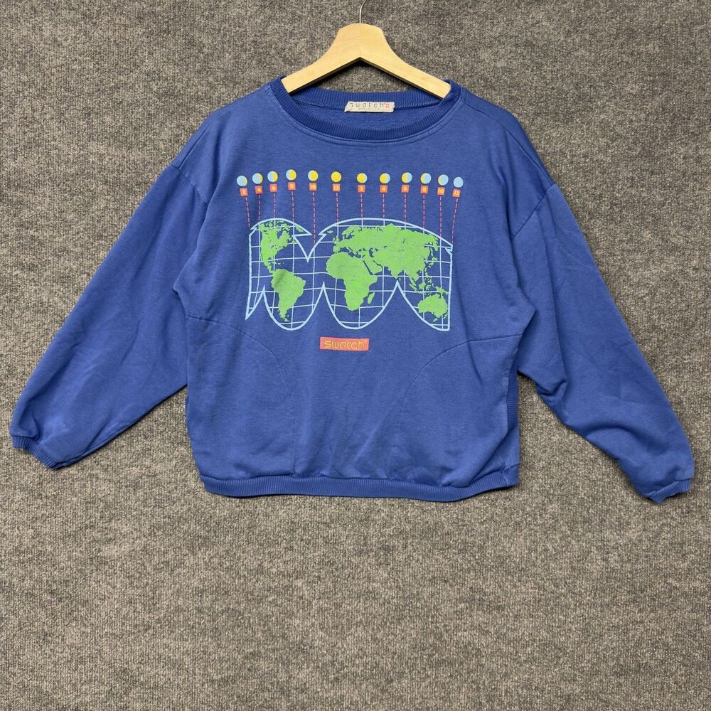 Vintage Swatch Pocket Watch Sweatshirt Size S World Map Graphic Fleece USA 80s